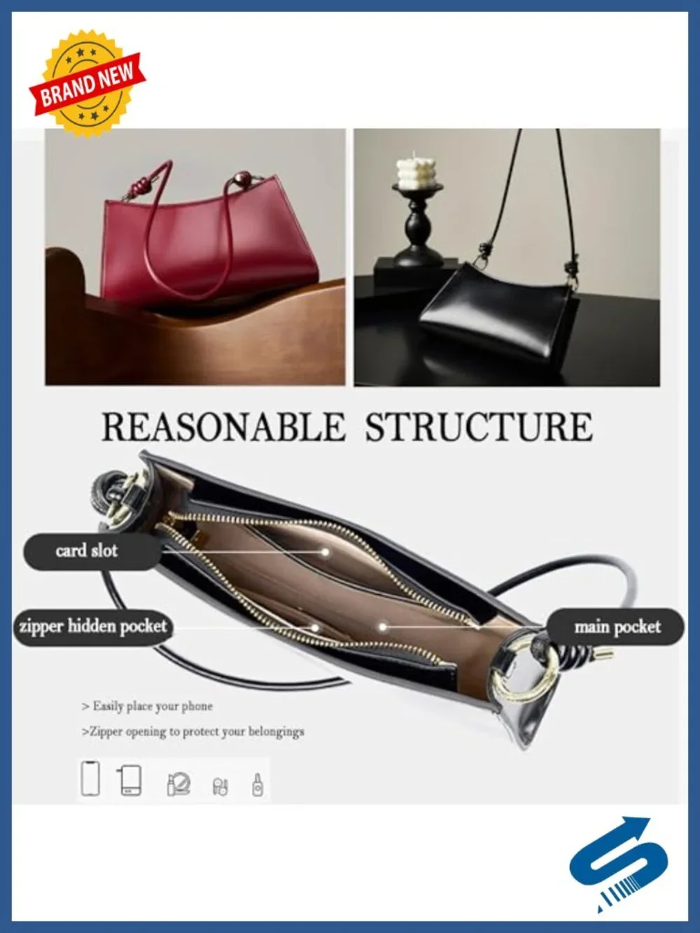 Genuine Leather Evening Bag Hobo Handbag Underarm Shoulder Bag
